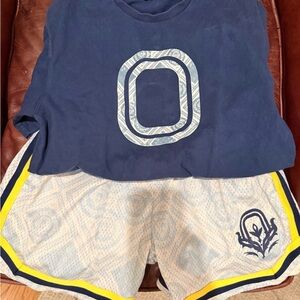 Overtime Navy Blue Graphic T-Shirt and Patterned Shorts Set